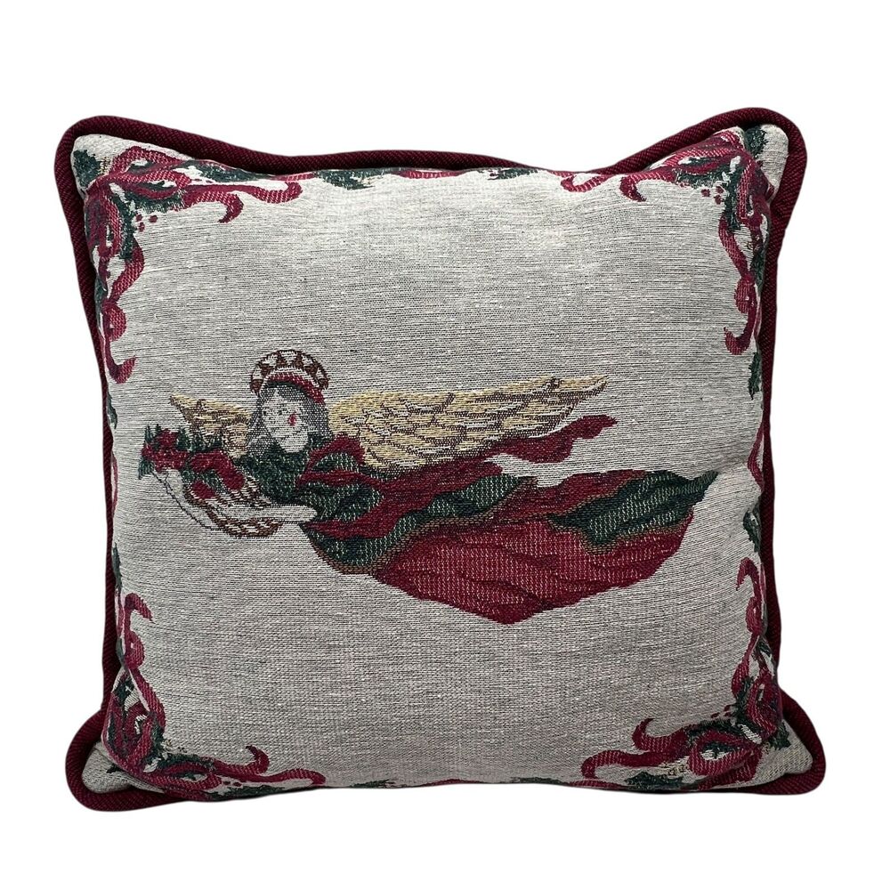 Vintge Angel Tapestry Christmas Throw Pillow 16x16 Holly French Horn